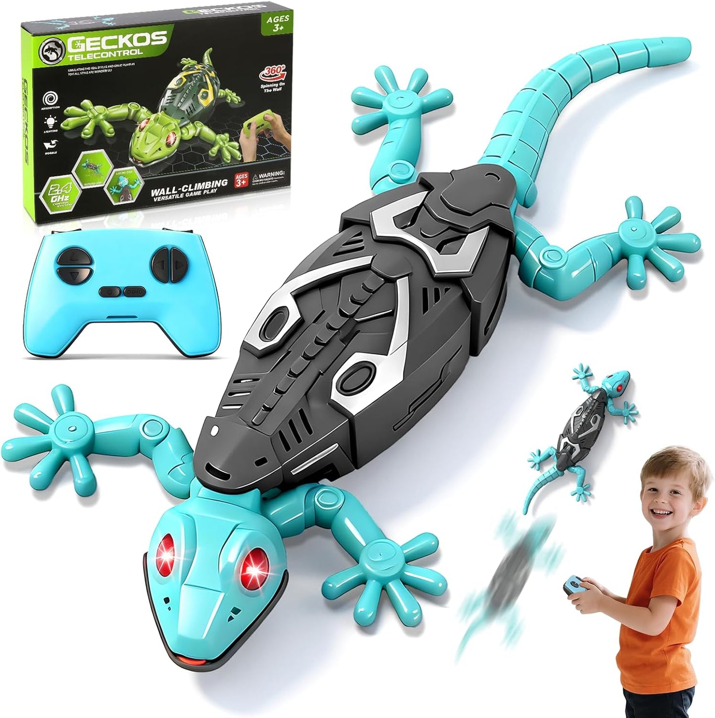 Wandkletternder Gecko Ferngesteuerter Spielzeug für Kinder – Wiederaufladbarer RC Klettergecko mit LED Augen 360° Drehbar Stoßfestes Geschenk für Jungen Mädchen ab 3 4 5 6 7 8 Jahren