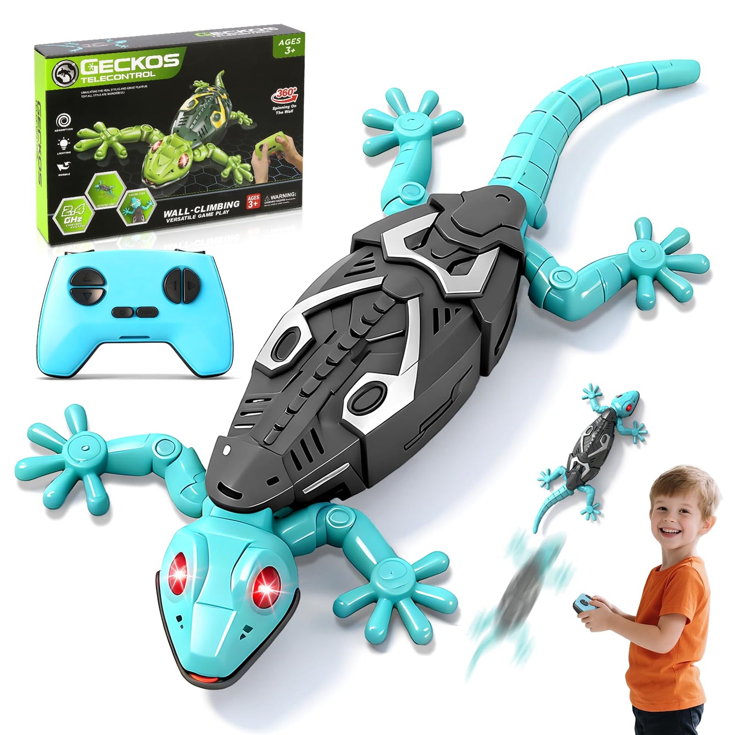 Wandkletternder Gecko Ferngesteuerter Spielzeug für Kinder – Wiederaufladbarer RC Klettergecko mit LED Augen 360° Drehbar Stoßfestes Geschenk für Jungen Mädchen ab 3 4 5 6 7 8 Jahren