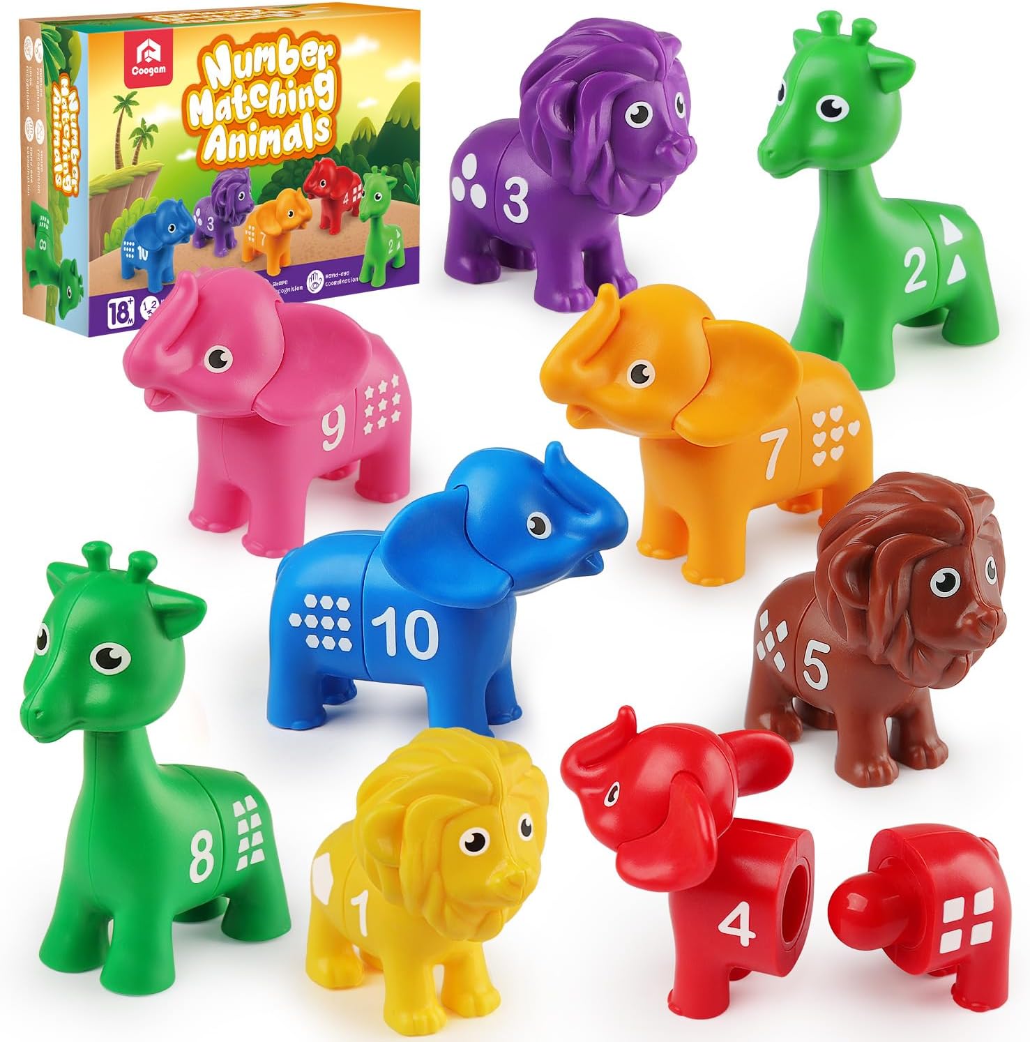Coogam Digital Matching-Spielzeug-Set, 10 Stücke doppelseitiges Tier Zahlen-Zählspiel, Vorschule Montessori Feinmotor Fähigkeiten Mathematik-Puzzle-Spielzeug für 3-4-5 Jahre alt
