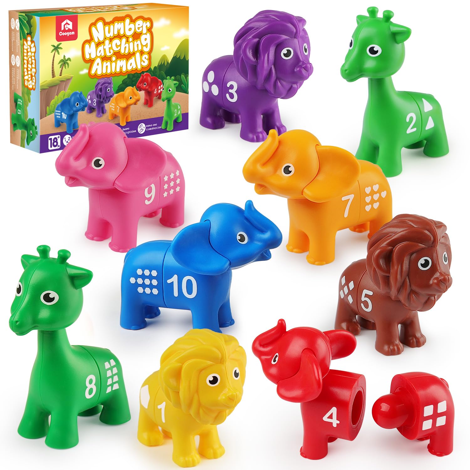 Coogam Digital Matching-Spielzeug-Set, 10 Stücke doppelseitiges Tier Zahlen-Zählspiel, Vorschule Montessori Feinmotor Fähigkeiten Mathematik-Puzzle-Spielzeug für 3-4-5 Jahre alt