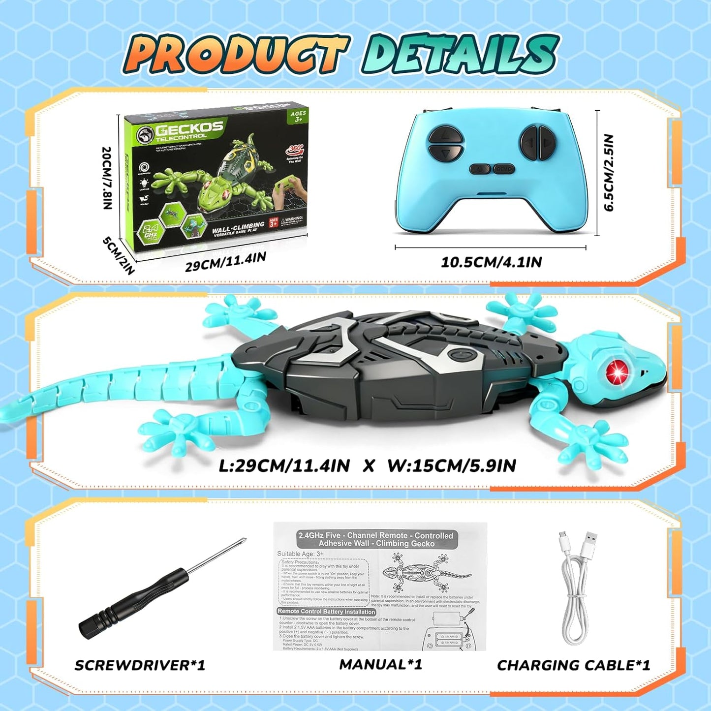 Wandkletternder Gecko Ferngesteuerter Spielzeug für Kinder – Wiederaufladbarer RC Klettergecko mit LED Augen 360° Drehbar Stoßfestes Geschenk für Jungen Mädchen ab 3 4 5 6 7 8 Jahren