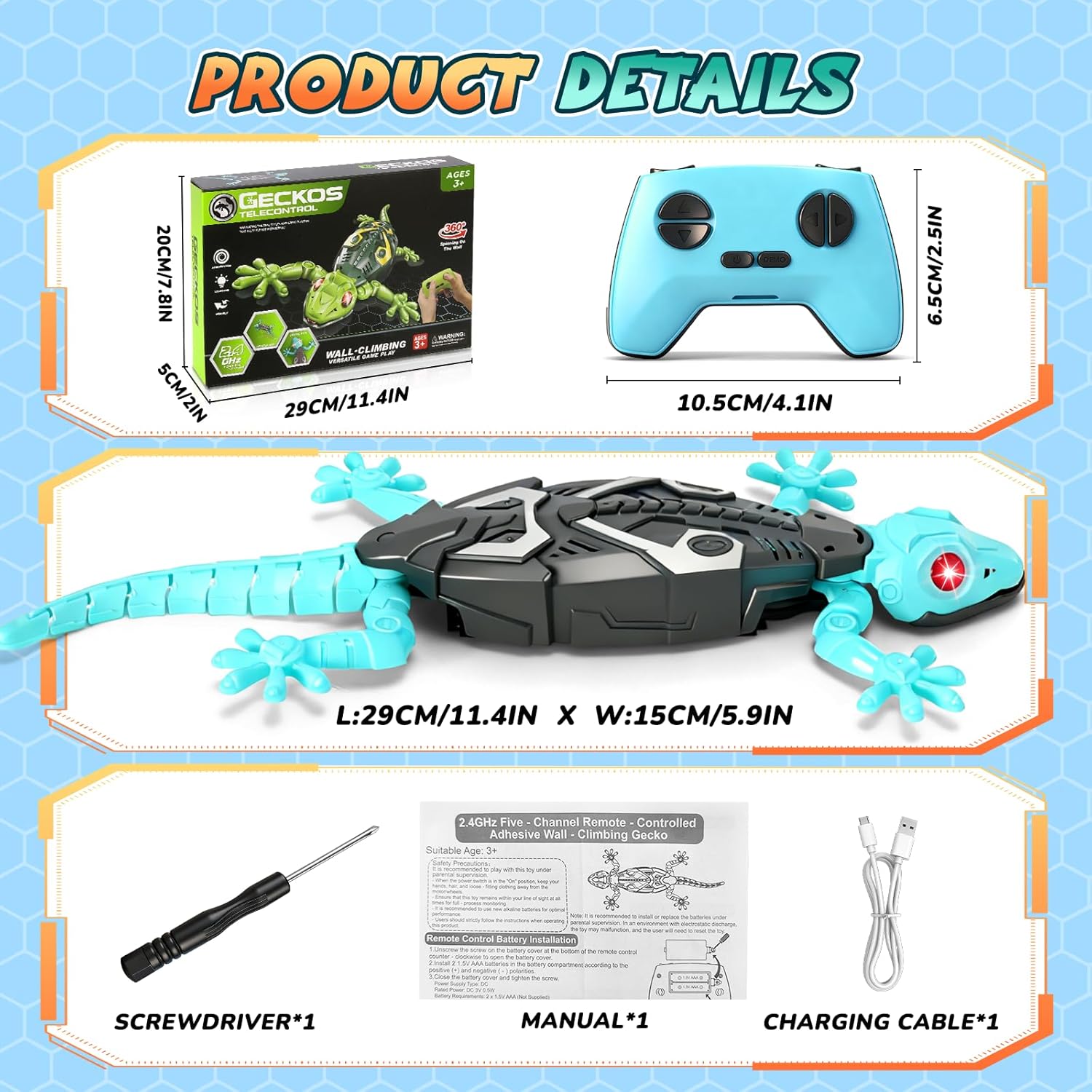 Wandkletternder Gecko Ferngesteuerter Spielzeug für Kinder – Wiederaufladbarer RC Klettergecko mit LED Augen 360° Drehbar Stoßfestes Geschenk für Jungen Mädchen ab 3 4 5 6 7 8 Jahren